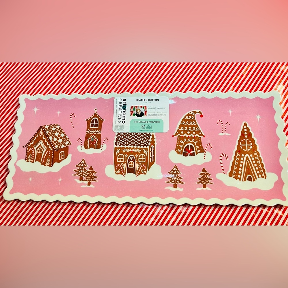 Christmas Pink Gingerbread Village Melamine Serving Tray Whimsical - Picture 10 of 12